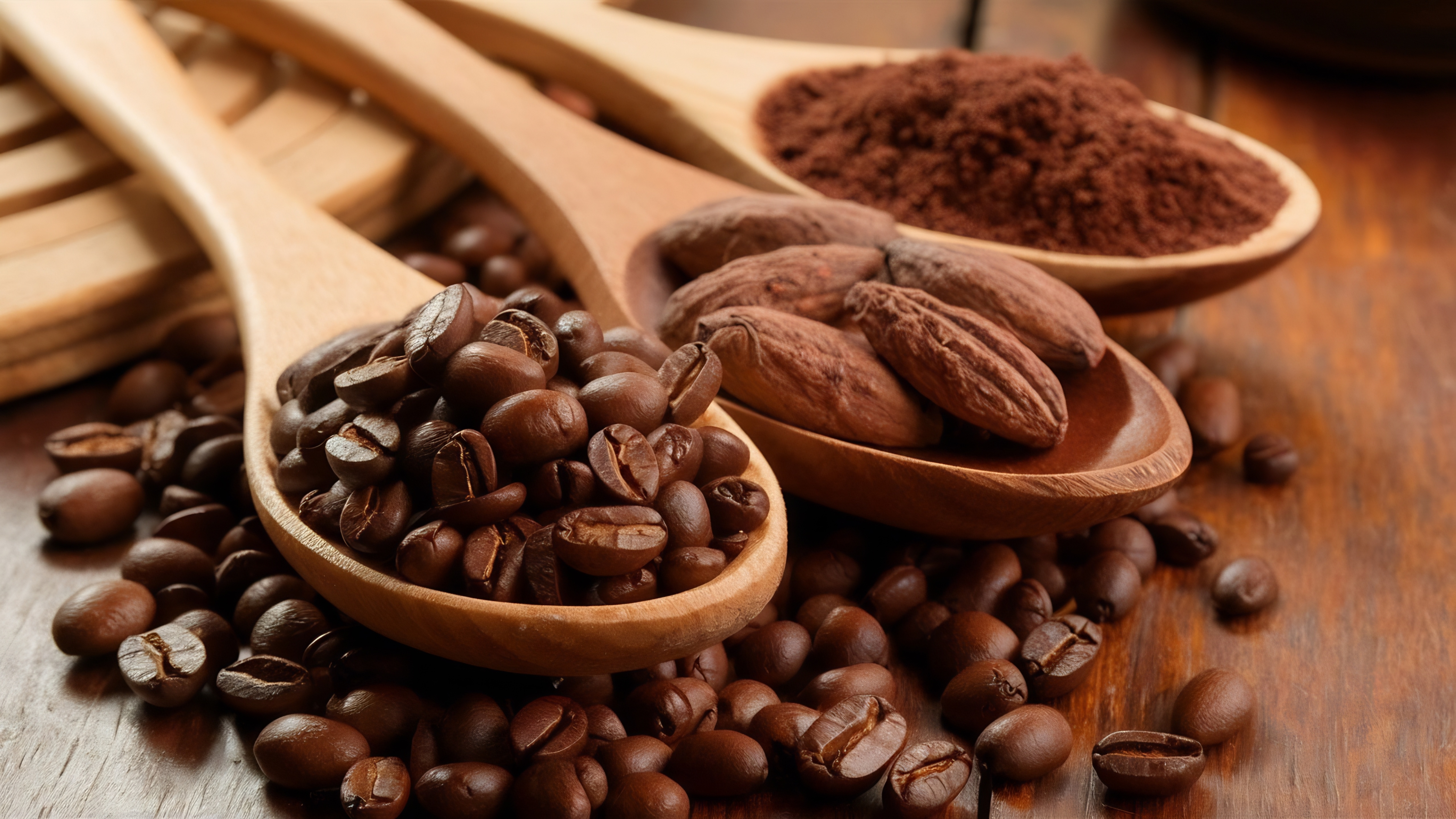 Raw coffee beans and cocoa beans